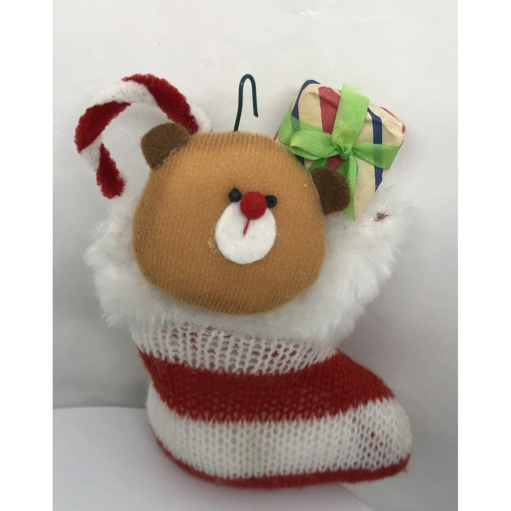 Vtg 1970s Handmade Teddy Bear And Stocking‎ Christmas Ornament 5
